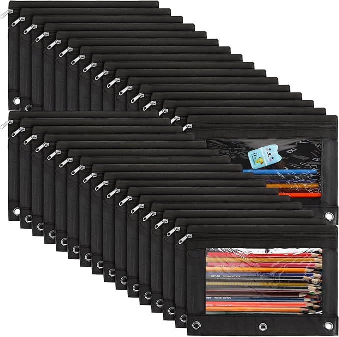 Marspark 30 Packs Pencil Pouch 3 Ring Binder Pen Pouch Cloth Pencil Pouches Zipper Pen Case Bag with Clear Window for School Office Writing Supplies Gifts(Black)