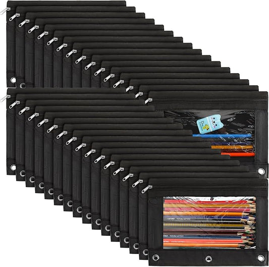 Marspark 30 Packs Pencil Pouch 3 Ring Binder Pen Pouch Cloth Pencil Pouches Zipper Pen Case Bag with Clear Window for School Office Writing Supplies Gifts(Black)