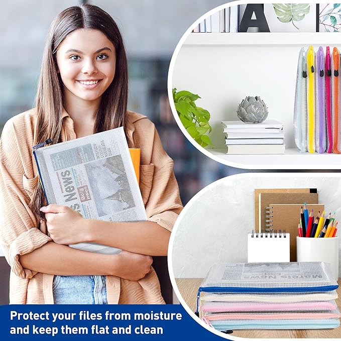 24pcs Mesh Bags With Zipper, A4 Zippered Pouch, Clear Pouches With Zipper, 8 Colors Mesh Bags, Plastic Bag, Letter Size Organization Pouches for Office, File, Toys, School