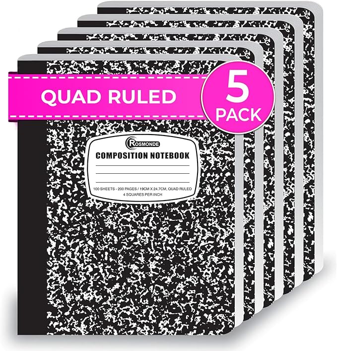 Rosmonde Graph Paper Composition Notebook, 5 Pack, 200 Pages (100 Sheets), Quad Ruled Composition Notebook, Graph Notebooks, 4x4 Grid Composition Notebook, Black Marble, Sewn Hard Cover, 9-3/4 x 7-1/2