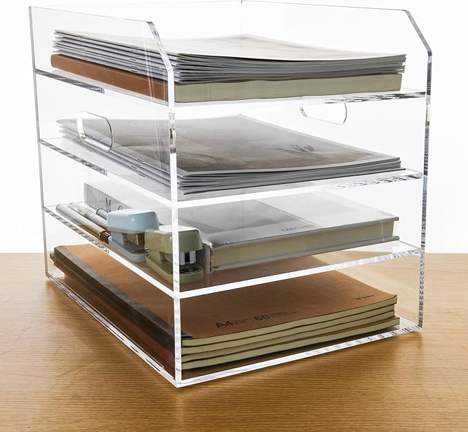 4 Tier Paper Organizer Letter Tray - Acrylic Tray Organizer for Desk, Paper Sorter Organizer for Letter/A4 Office File Folder Holder - Crystal-Clear File Organizer