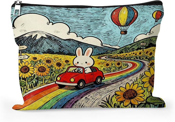 Cafl Rabbit Red Car Rainbow Makeup Bag Cartoon Bunny Cosmetic Bag for Women Large Capacity Make Up Bag Portable Travel Toiletry Pouch Organizer 10 * 8inch