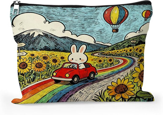 Cafl Rabbit Red Car Rainbow Makeup Bag Cartoon Bunny Cosmetic Bag for Women Large Capacity Make Up Bag Portable Travel Toiletry Pouch Organizer 10 * 8inch