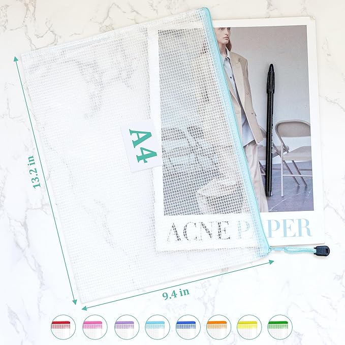 24pcs Mesh Bags With Zipper, A4 Zippered Pouch, Clear Pouches With Zipper, 8 Colors Mesh Bags, Plastic Bag, Letter Size Organization Pouches for Office, File, Toys, School