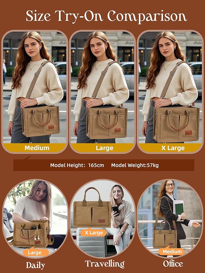 FIORETTO Canvas Tote Bag for Women with Zipper Closure & Individual Compartments for Work College for Teacher & Nurse