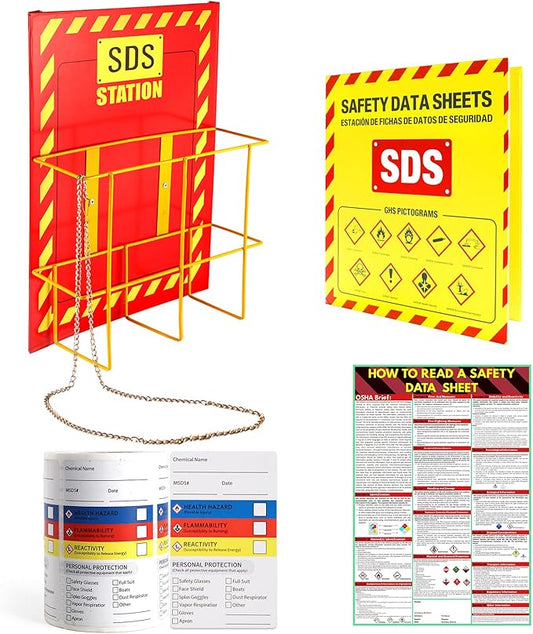 MSDS SDS Binder and Wall Station,Yellow Heavy Duty 3 Inch Material Safety Data Sheet 3 Ring Binder with SDS Wire Rack and Display Sign, Chain,Mounting Hardware,Safety Posters,MSDS Labels