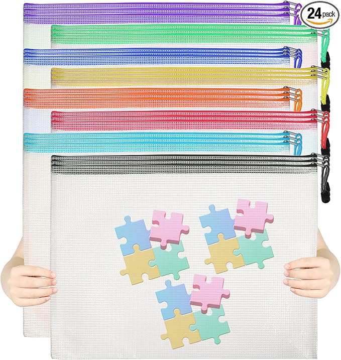 24PCS Mesh Zipper Pouch Bags, A3 17x12 Inches Waterproof Plastic File Puzzle Storage Bags 8 Colors Large Reusable Clear Travel Pouches for Organizing Board Game Office Home School Supplies
