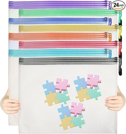 24PCS Mesh Zipper Pouch Bags, A3 17x12 Inches Waterproof Plastic File Puzzle Storage Bags 8 Colors Large Reusable Clear Travel Pouches for Organizing Board Game Office Home School Supplies