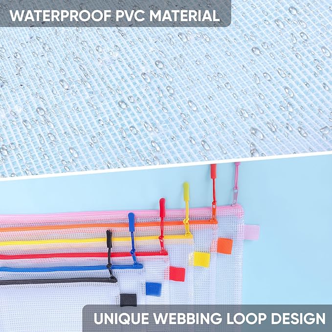 BALEINE 24PK Mesh Zipper Pouch Bags, Waterproof Clear Zipper Bags, Multiple Colors Plastic Mesh Bag File Bag for Organization, Suitable for Office Supplies, Home, Travel (24 PK, Multi 8 Sizes)