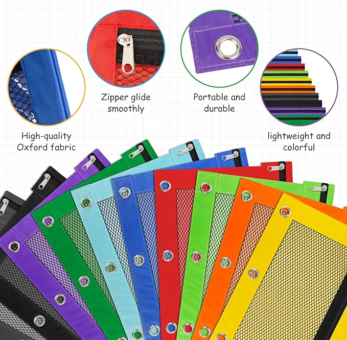 IKAYAS 12 Pack Pencil Pouch for 3 Ring Binder bulk Binder Pencil Pouch with Zipper, Pencil Pouches Pencil Bags for Classroom bulk Pencil Box Pencil Case for Storing School Students Teacher Supplies