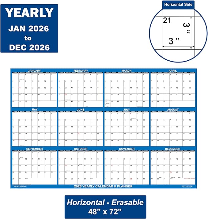 48" x 72" SwiftGlimpse 2026 Wall Calendar Erasable HUGE Jumbo Wet & Dry Erase Laminated 12 Month Annual Yearly Wall Planner, Horizontal, Navy