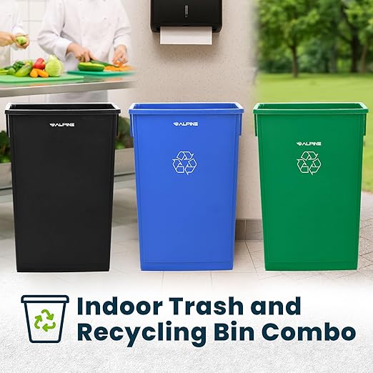 Alpine 23 Gallon Slim Recycling & Trash Bin Set – 3-Pack Blue/Black/Green Plastic Narrow Open-Top Garbage Cans for Office, Home, School & Commercial Use