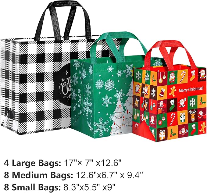 YANGTE 20 Pack Christmas Gift Bags Assorted Sizes, Reusable Tote Bags with Handle, Includes 4 Large 8 Medium 8 Small Non-Woven Christmas Bags for Xmas Party Favors