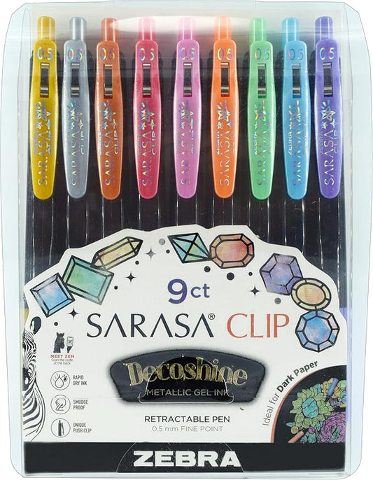 Zebra Pen Sarasa Clip Decoshine Retractable Gel Pen, 0.5mm Fine Point, Assorted Metallic Colors, Ideal for School Supplies and Teacher Supplies, 9-Pack (49009)