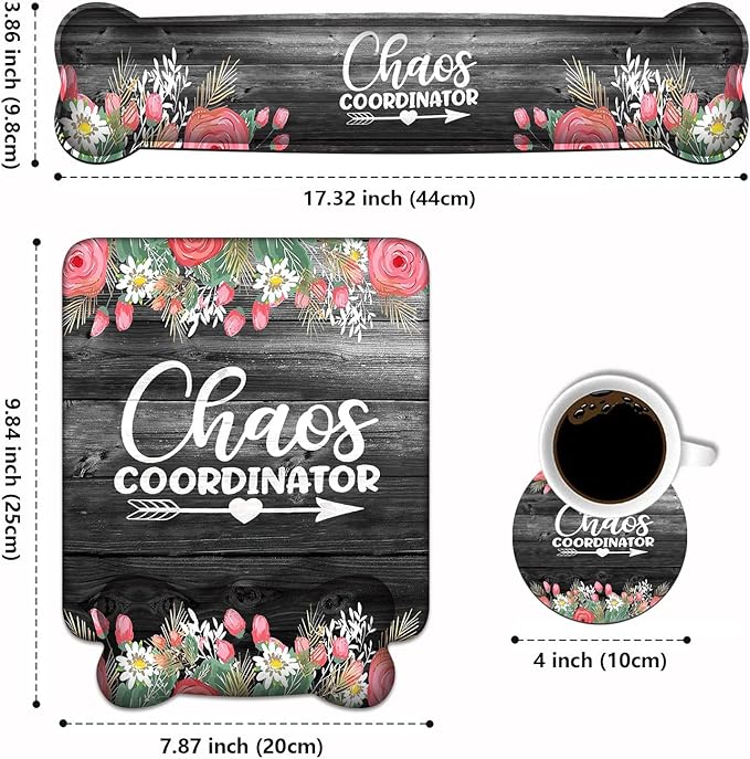 Keyboard Wrist Rest & Mouse Pad Wrist Support Set, Chaos Coordinator Quotes Colored Floral Wreath Print Design Non-Slip Rubber PU Base for Home Office Working Studying Easy Typing & Pain Relief