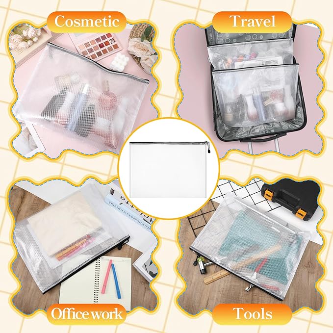 SHENLIU 30 Pcs Plastic Mesh Zipper Pouch Bags, Waterproof A3 Size 17x12 In Large Zipper Storage Bags, Document File Folders, Reusable Documents Pouch for Organizing Office Home Travel Storage
