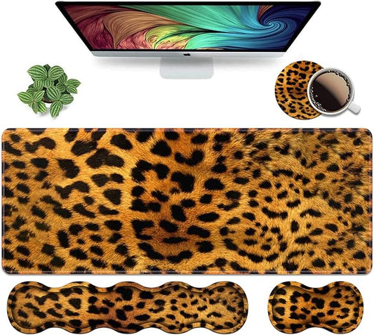 Ergonomic Keyboard Wrist Rest and Mouse Pad Wrist Rest Set, Large XXL Gaming Mousepad 31.5"x 11.8", Memory Foam, Easy Typing Pain Relief, Multifunctional Desk Mat for Office & Home, Leopard Print