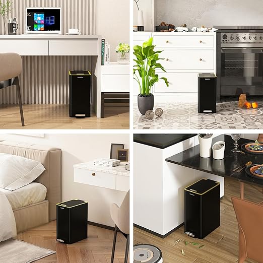 Stainless Steel Trash Can with Soft Close Lid,15 Liter/4 Gallon Garbage Can Removable Wastebasket, Rectangular for Bathroom, Office,Living Room (Black)