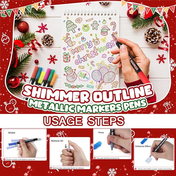 12 Colors Outline Markers, Double Line Shimmer Marker Pens for Christmas Greeting Cards, Scrapbook Crafts, Doodling, DIY Art Crafts, Easter Egg, Metal, Ceramic, Glass, Christmas Decor