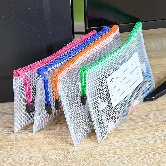 AUSTARK Plastic Mesh Zipper Pouch, 12Pcs Zipper File Bags with Label Pocket, Game Boards Storage Bags, Waterproof Document Storage Bags for Office Home Travel Cosmetic (A6 Size 6.3x4.7 in)