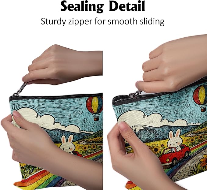 Cafl Rabbit Red Car Rainbow Makeup Bag Cartoon Bunny Cosmetic Bag for Women Large Capacity Make Up Bag Portable Travel Toiletry Pouch Organizer 10 * 8inch