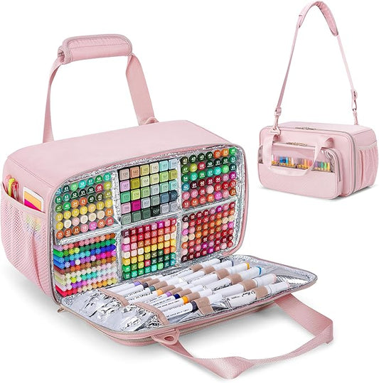 Marker Organizer Case Holding up to 216 Markers, Marker Storage Carrying Bag, Large Marker Holder with Shoulder Strap, Pink