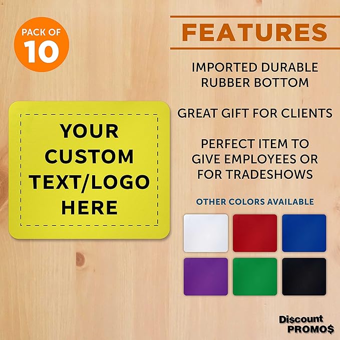 Custom Rectangle Mousepads Set of 10, Personalized Bulk Pack - Great Gift for Employees, Clients, and for Tradeshows - Yellow