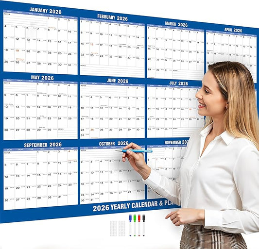 2026 Wall Calendar, Large Reversible Horizontal&Vertical Laminated Yearly Calendar-1 Page Poster Wet & Dry Erase Wall Hanging Calendar 12 Month Annual Planner for Office/Family/College/ Fitness-24”x36“