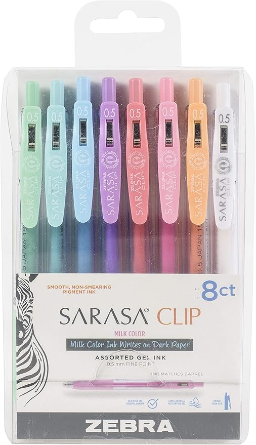 Zebra Pen Sarasa Clip Retractable Gel Pen, 0.5mm Fine Point, Assorted Milk Colors, Ideal for School Supplies and Teacher Supplies, 8-Pack (48908)