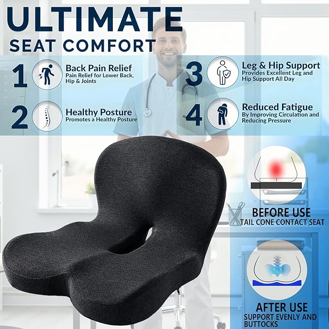 Memory Foam Seat Cushion for Truck Drivers, Office Chairs, Car Seats Ergonomic Chair Cushion, Sciatica & Tailbone Relief Ergonomic Pressure Relief Pad for Long Sitting (Black)