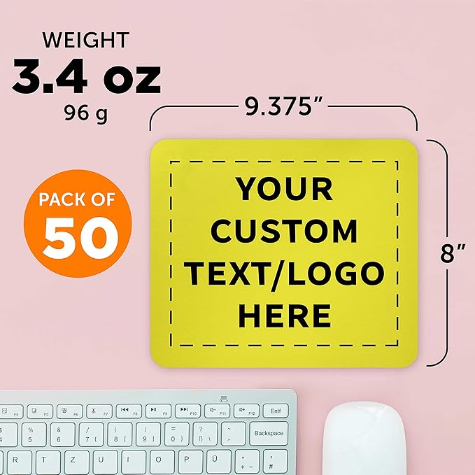 Custom Rectangle Mousepads Set of 50, Personalized Bulk Pack - Great Gift for Employees, Clients, and for Tradeshows - Yellow