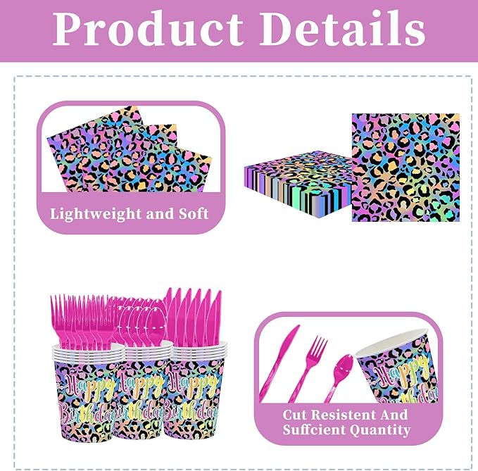 142PCS Leopard Print Party Decorations,Jungle Animal theme Decorations Include Tableware, Plate, Cup, Napkin, Cutlery, Animal Cheetah Print Birthday Party Supplies Serve 20