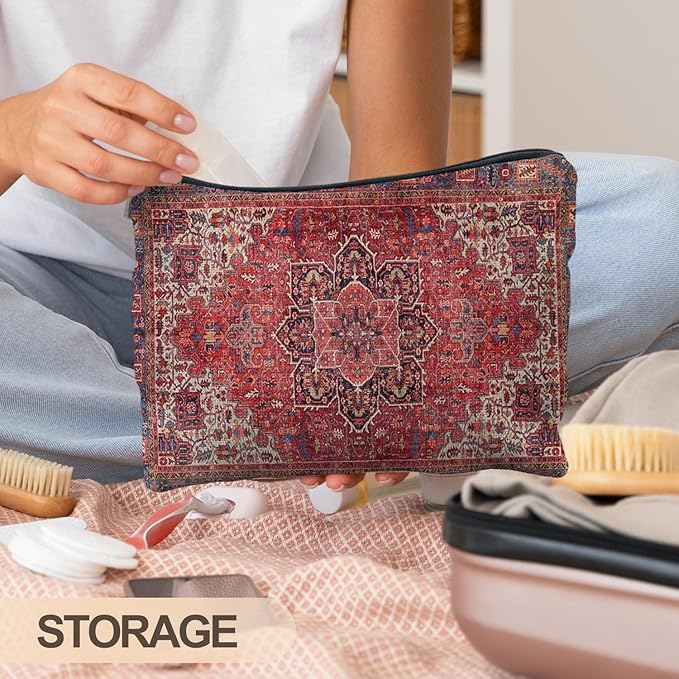 Traditional Red Rug Style Makeup Bag, Vintage Ethnic Pattern Cosmetic Bag Gifts for Women Friends, Boho Tapestry Pouch