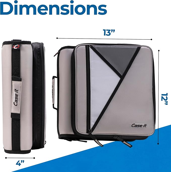 Case-it Universal Zipper Binder | 2-Inch O-Rings, 13-Inch Laptop/Tablet Padded Pocket, 400 Sheet Capacity, Multiple Storage Pockets & Shoulder Strap | School & Office Organizer | LT-007 Warm Gray