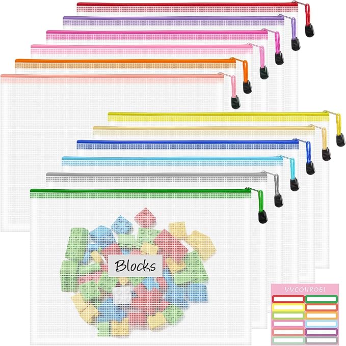 12pcs Zipper Pouch, A4 Storage Bags, 12 Colors Organization Pouches, File Bags, Clear Pouch, Plastic Bags, Reusable Zipper Pouches for Toys, Paper, School Office Supplies