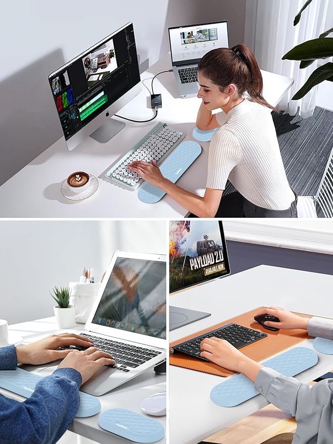 TopMade Upgraded Wider Wrist Rest Set, Soft Memory Foam Keyboard Hand Rest Pad, Computer Ergonomic Keyboard Mouse Wrist Support for Typing Pain Relief, Comfort for Office, Gaming, Study, White Ice