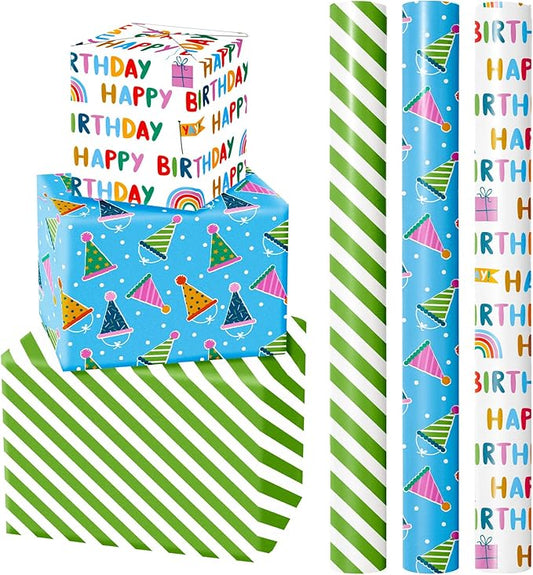 Wrapaholic Mini Birthday Wrapping Paper Rolls - 3 Rolls, 17 Inch X 120 Inch Each - Happy Birthday Lettering and Stripe for Kids, Baby Showers