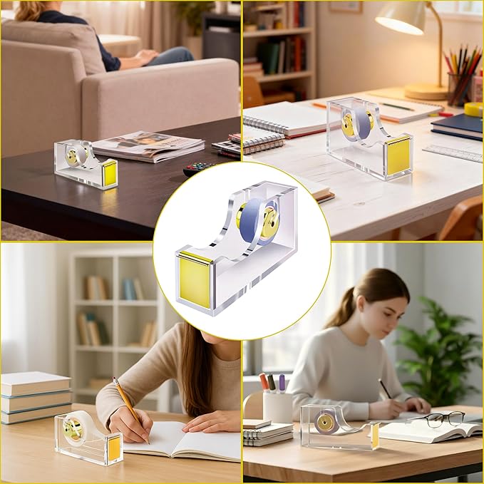 Office Tape Dispenser - Acrylic Plastic Label Roll Holder, Non-Slip Desktop Organizer for 1-Inch Adhesive, Heavy Duty Refillable Film Roll for School and Family (Gold)