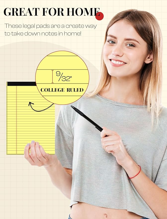Yellow Note Pads 5x8 Small Legal Pads College Ruled Notepad for Office 6 Pack Yellow Writing Pads 5x8 Narrow Ruled Paper Pads 25 Lines 80 GSM Paper Tablets 5x8" Lined Notepads With 30 Sheets Per Pad