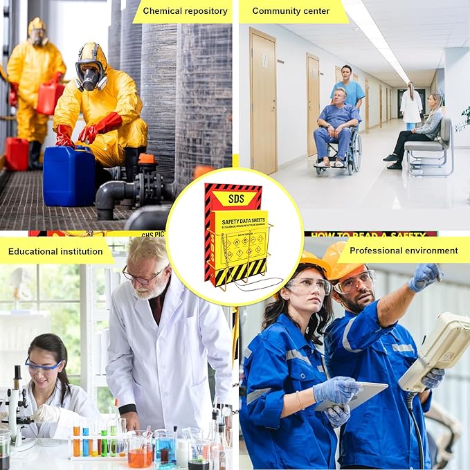 Lontcs MSDS SDS Binder and Wall Station Set,Yellow Heavy Duty 3 Inch Material Safety Data Sheet 3 Ring Binder with SDS Wire Rack and Display Sign,Chain,Safety Posters,MSDS Labels,Binder Wall Mount