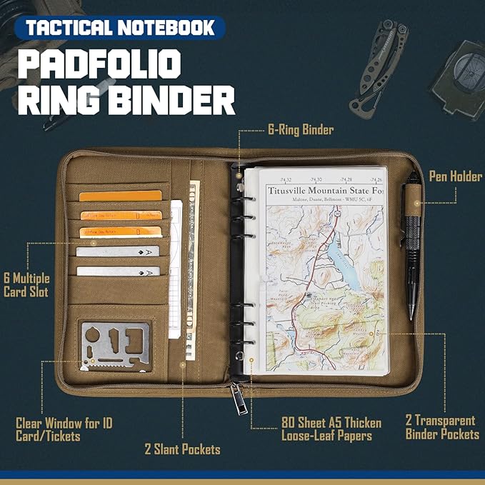 WYNEX Tactical Notebook Padfolio Ring Binder - Refillable A5 6-Ring Binder, Zip Hardcover Notebook with 80 Pages, Water-Resistant Notebook Cover for Planners, College, Office, Field, Gift