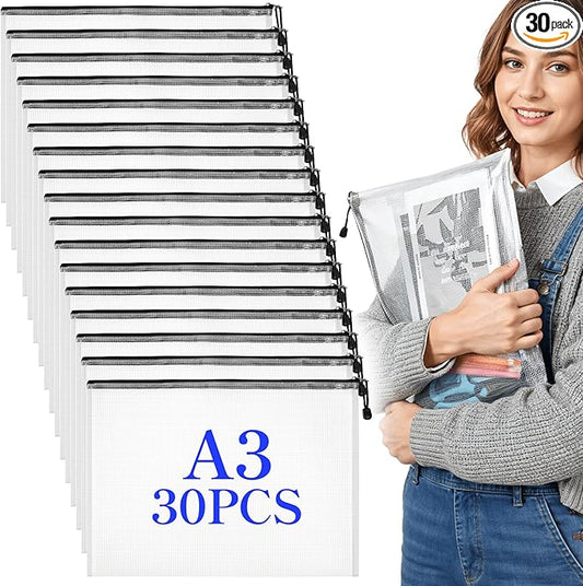 SHENLIU 30 Pcs Plastic Mesh Zipper Pouch Bags, Waterproof A3 Size 17x12 In Large Zipper Storage Bags, Document File Folders, Reusable Documents Pouch for Organizing Office Home Travel Storage