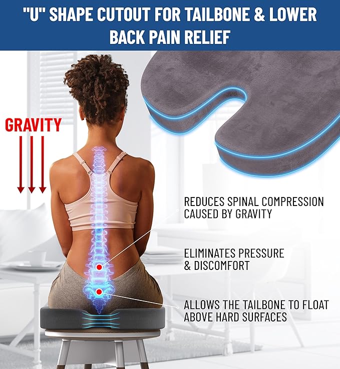 Everlasting Comfort Doctor Recommended Memory Foam Seat Cushion for Office Chairs & Car - Ergonomic Office Desk Accessories - Cushions for Tailbone Pain Relief, Sciatica (Gray, Large)