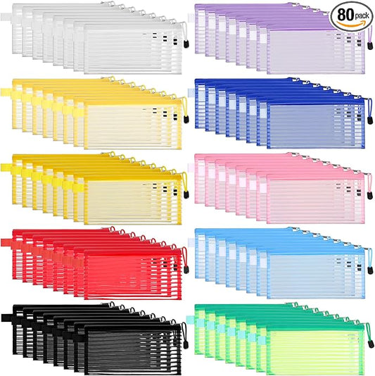 80 Pack Mesh Zipper Pouch, 10 Colors, Waterproof File Bags Document Reusable Zipper Pouches Multipurpose Travel Bags for Storage Organizing, Office, School, Makeup, Board Games, Home Supplies