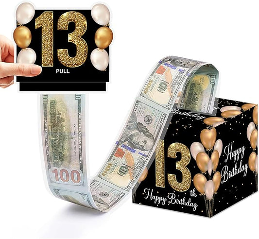 VIVORA 13th Birthday Money Box for Cash Pull, Happy Birthday Black Gold Boxes Gifts for Money Pull Out Card, 50Pcs Transparent Bags