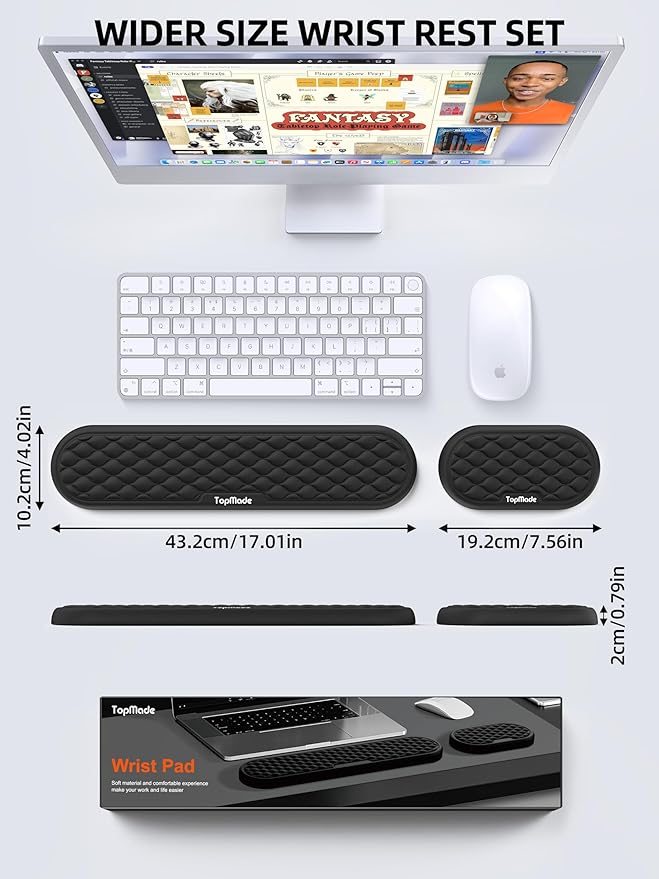 TopMade Upgraded Wider Wrist Rest Set, Soft Memory Foam Keyboard Hand Rest Pad, Computer Ergonomic Keyboard Mouse Wrist Support for Typing Pain Relief, Comfort for Office, Gaming, Study, Black
