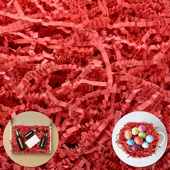 Darfukei Shredded Paper For Gift Baskets, Christmas 1/2LB (8 oz) Red Crinkle Paper Filler for New Year's gift Baskets Grass, Crinkle Cut Papers Shred For Birthdays, Weddings,Boxes Bags, Basket Filler ,Anniversaries,Gift Wrapping