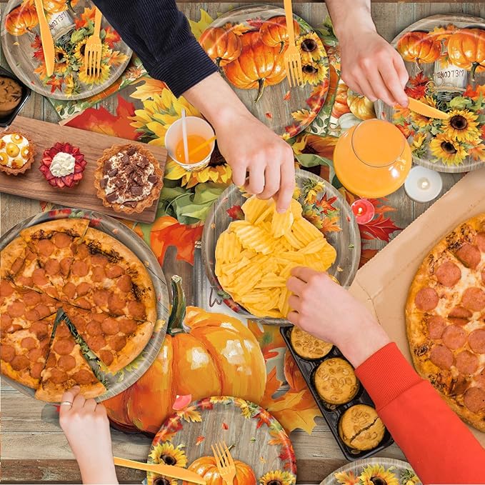 140Pcs Fall Thanksgiving Party Supplies Tableware Set for 20 Guests, Pumpkin Paper Plates and Napkins Cups Tablecloth Cutlery Straws for Autumn Harvest Party Decoration