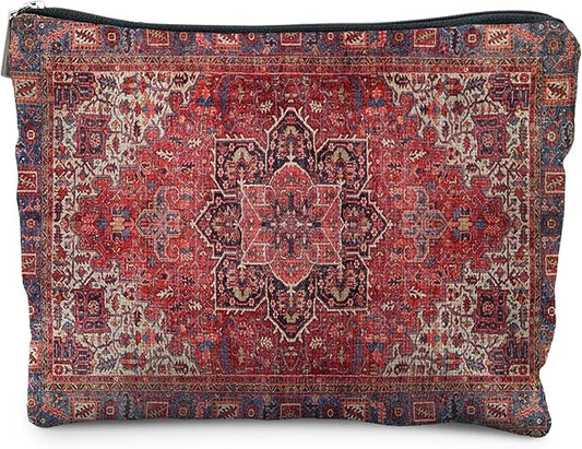 Traditional Red Rug Style Makeup Bag, Vintage Ethnic Pattern Cosmetic Bag Gifts for Women Friends, Boho Tapestry Pouch