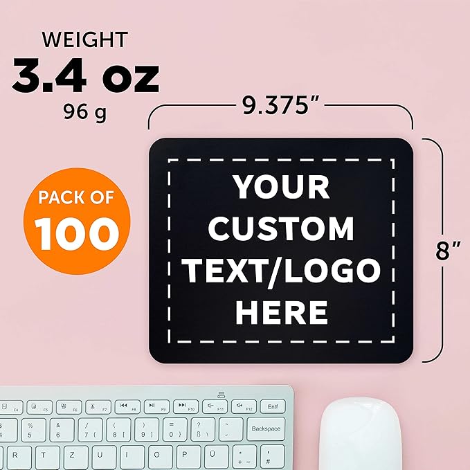 Custom Rectangle Mousepads Set of 100, Personalized Bulk Pack - Great Gift for Employees, Clients, and for Tradeshows - Black